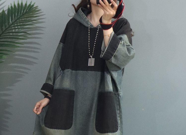 Long-Sleeve Patchwork Hooded Washed Denim Midi Smock Dress Product Image