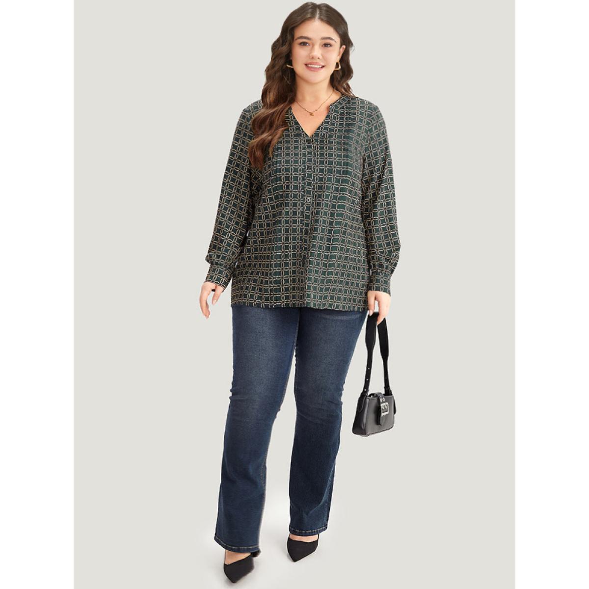 Plus Size ArmyGreen Geometric Graphic Pleated Detail Blouse Women Office Long Sleeve V-neck Work Blouses BloomChic 10/M Product Image