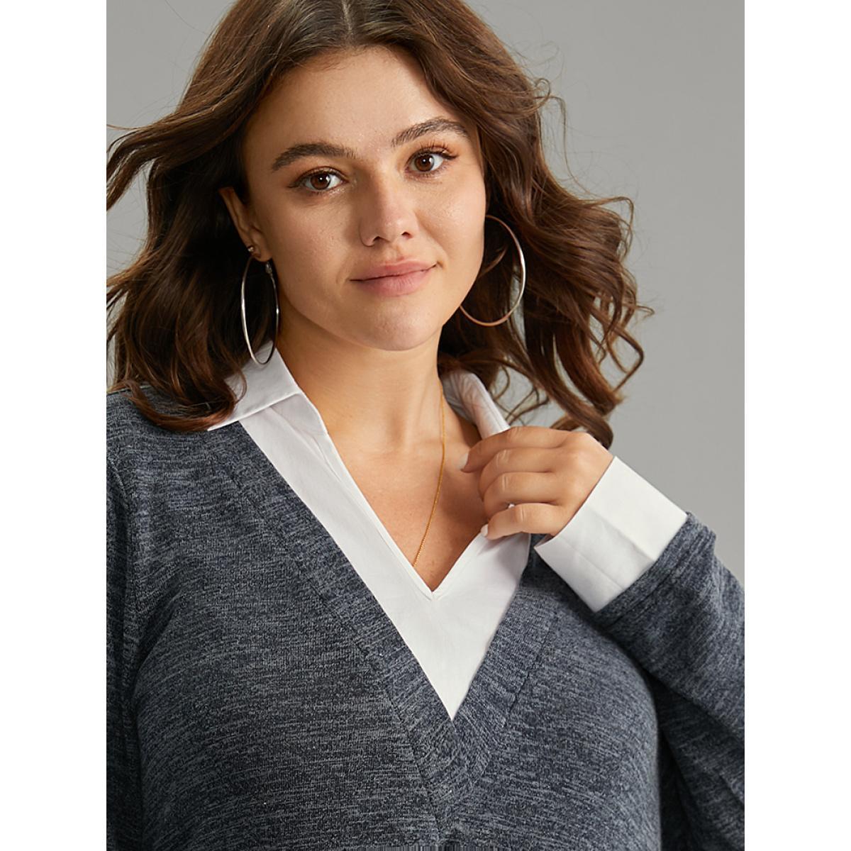 Plus Size 2-In-1 Contrast Patchwork Lapel Collar T-shirt Navy Women Casual Contrast Plain Lapel Collar Dailywear T-shirts BloomChic 30/6X Product Image