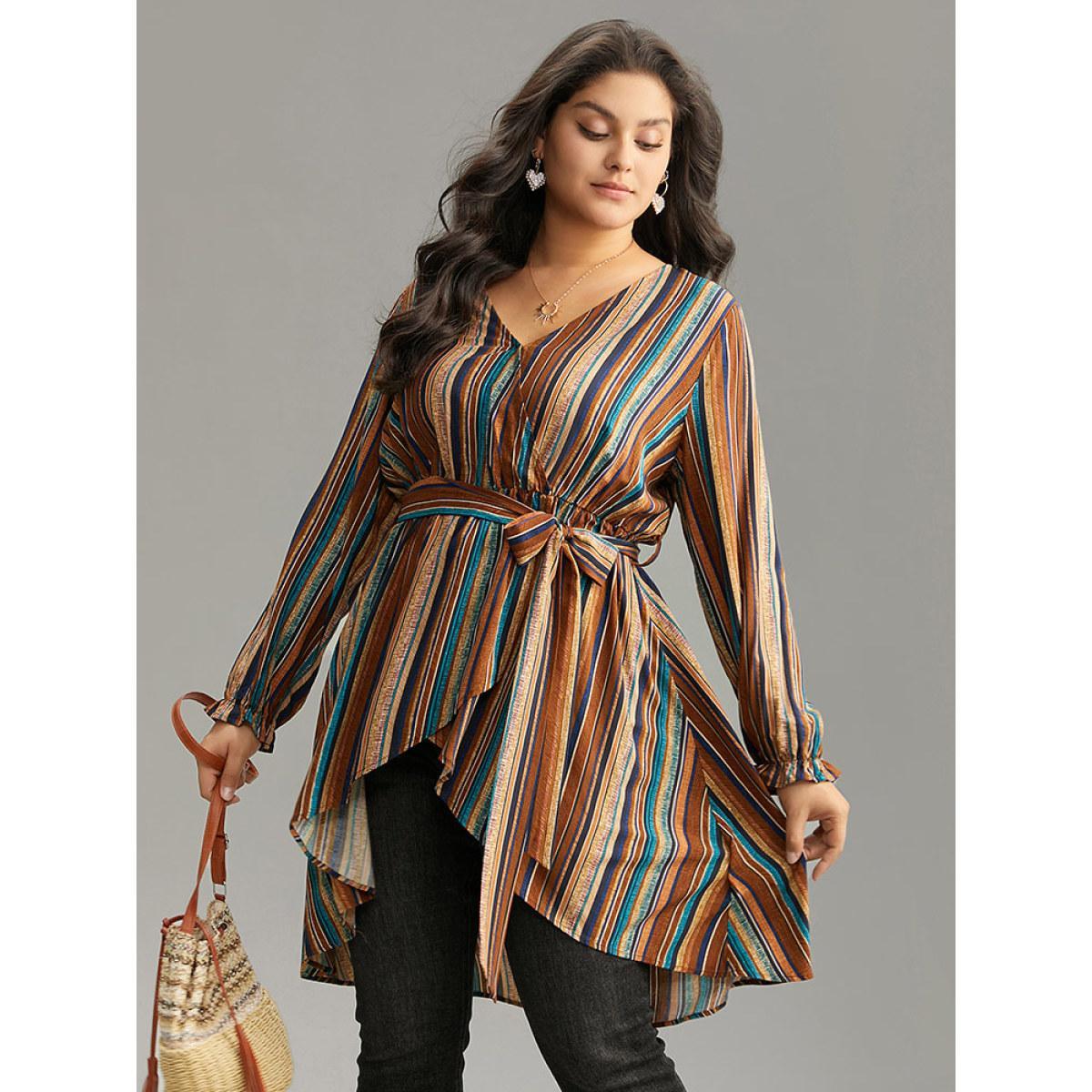 Plus Size Multicolor Striped Overlap Collar Arc Hem Belted Blouse Women Vacation Long Sleeve Overlap Collar Vacation Blouses BloomChic 12/L Product Image
