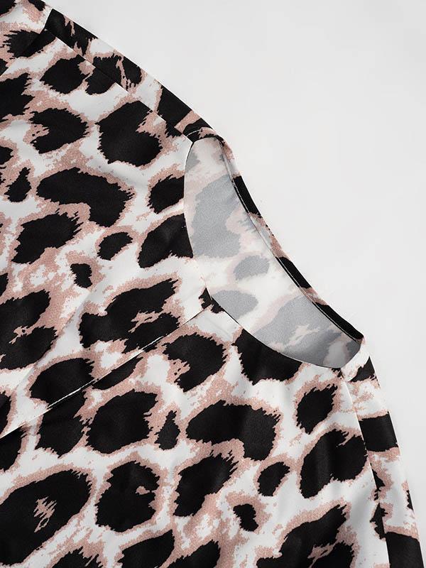 Loose Three-Quarter Sleeves Leopard Pleated Split-Joint Lapel Blouses&Shirts Tops Product Image