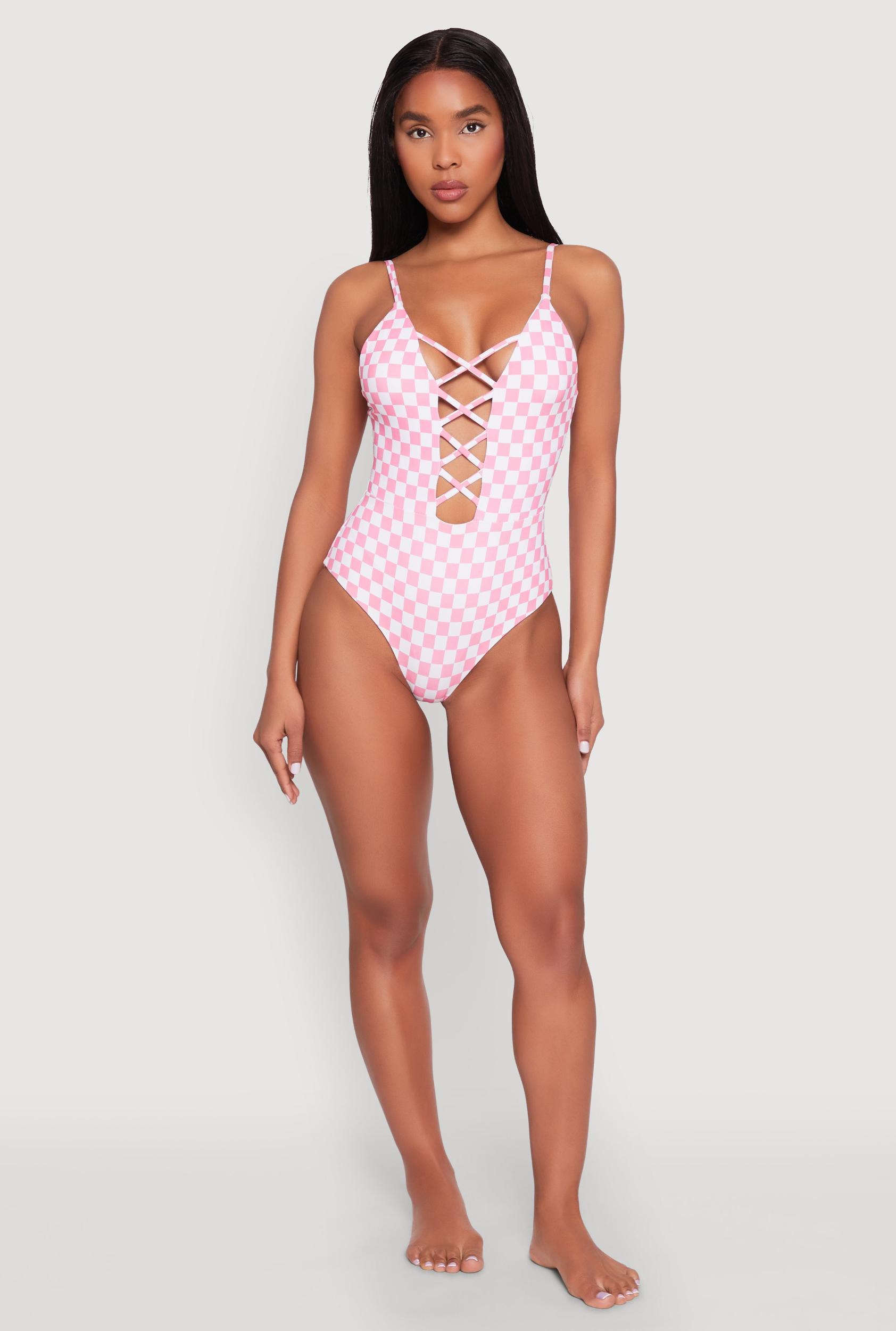 Womens Checkered Print Caged Front One Piece Swimsuit Product Image