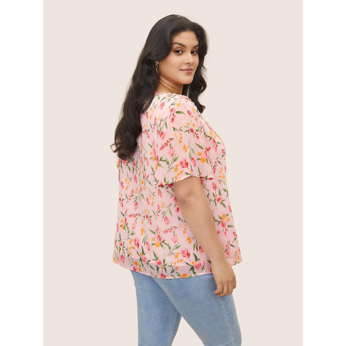 Plus Size MistyRose Chiffon Watercolor Floral Woven Ribbon Frill Trim Blouse Women Elegant Short sleeve V-neck Everyday Blouses BloomChic 30/6X Product Image