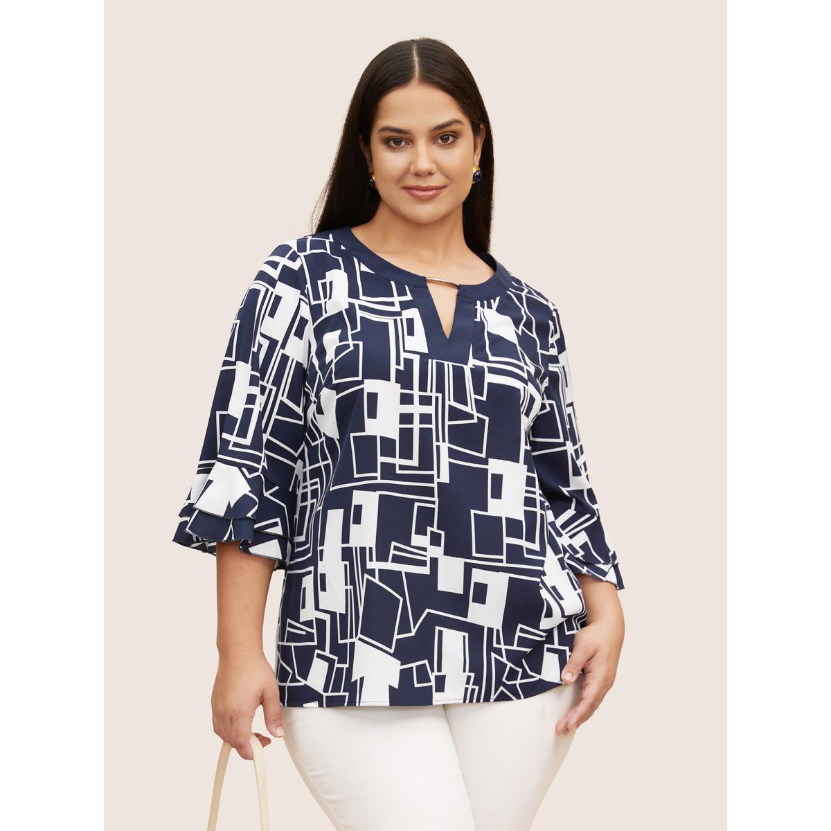 Plus Size Indigo Geometric Keyhole Ruffles Metal Detail Blouse Women At the Office Elbow-length sleeve Round Neck Work Blouses BloomChic 28/5X Product Image