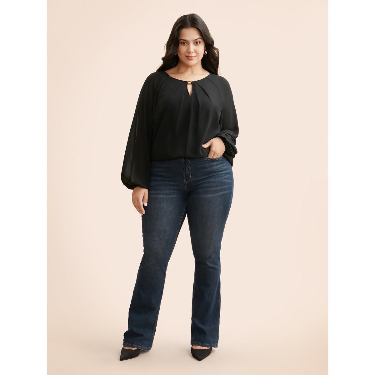Plus Size Black Keyhole Metal Detail Gathered Blouse Women Elegant Long Sleeve Asymmetrical Neck Everyday Blouses BloomChic 30/6X Product Image