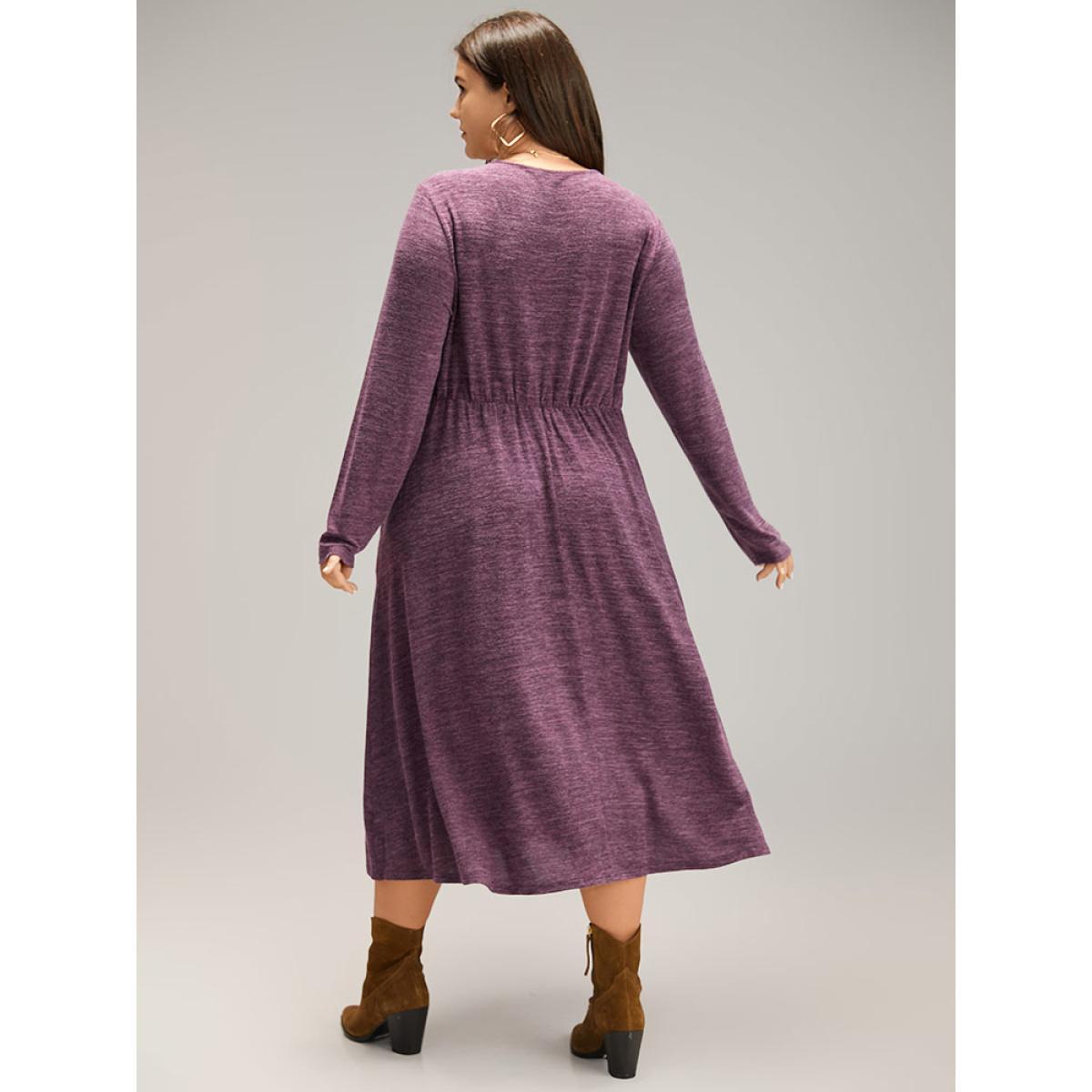 Plus Size Solid Ruched Drawstring Bowknot Pocket Dress Purple Women Casual Gathered Tie Neck Long Sleeve Curvy Midi Dress BloomChic 10/M Product Image