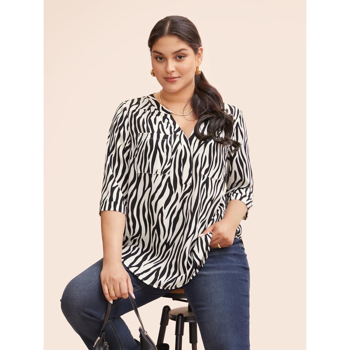 Plus Size Beige Zebra Print Notched Patched Pocket Blouse Women Workwear Essentials Elbow-length sleeve V-neck Work Blouses BloomChic 18-20/2X Product Image