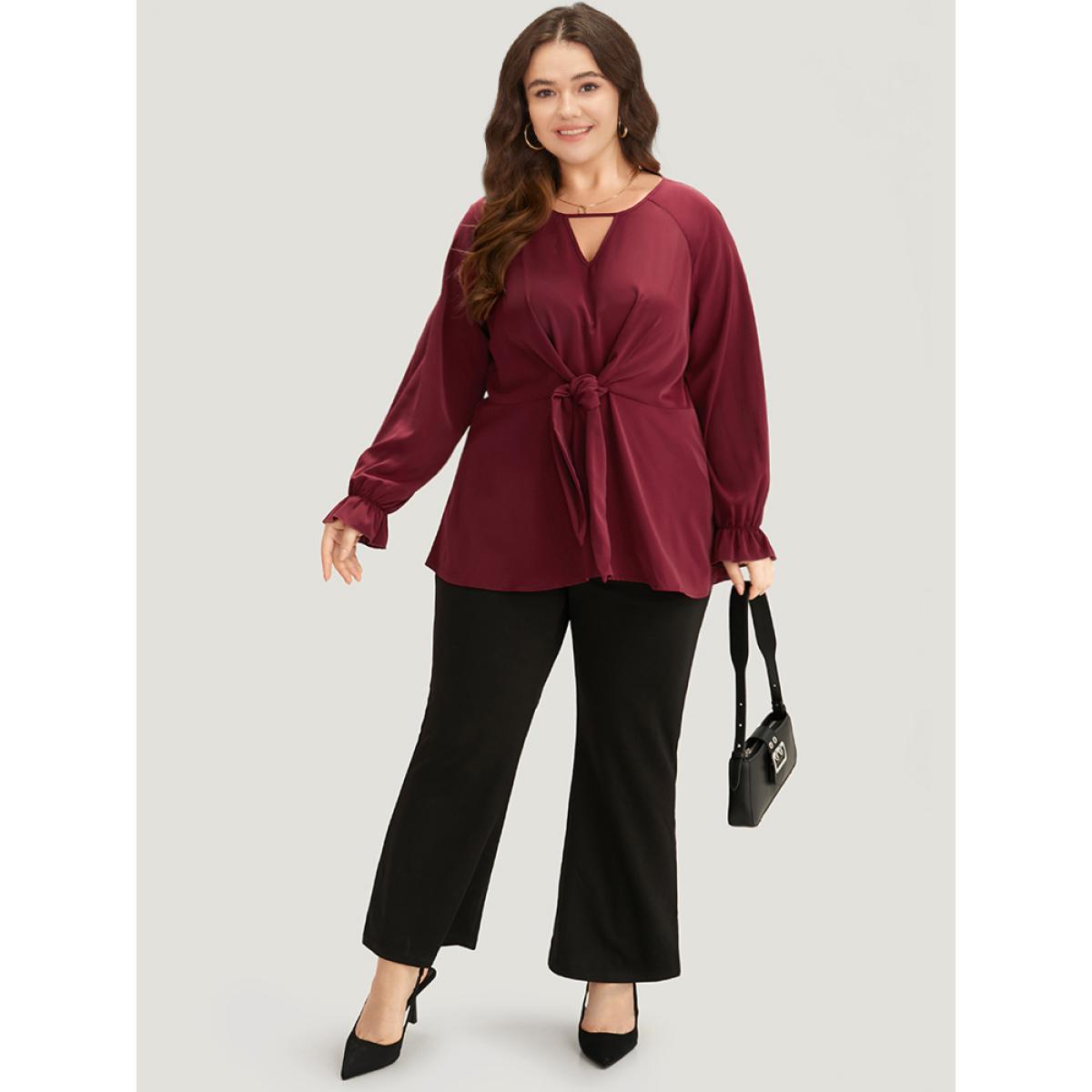 Plus Size Scarlet Anti-Wrinkle Twist Front Keyhole Ties Blouse Women Office Long Sleeve Keyhole Cut-Out Work Blouses BloomChic 14-16/1X Product Image