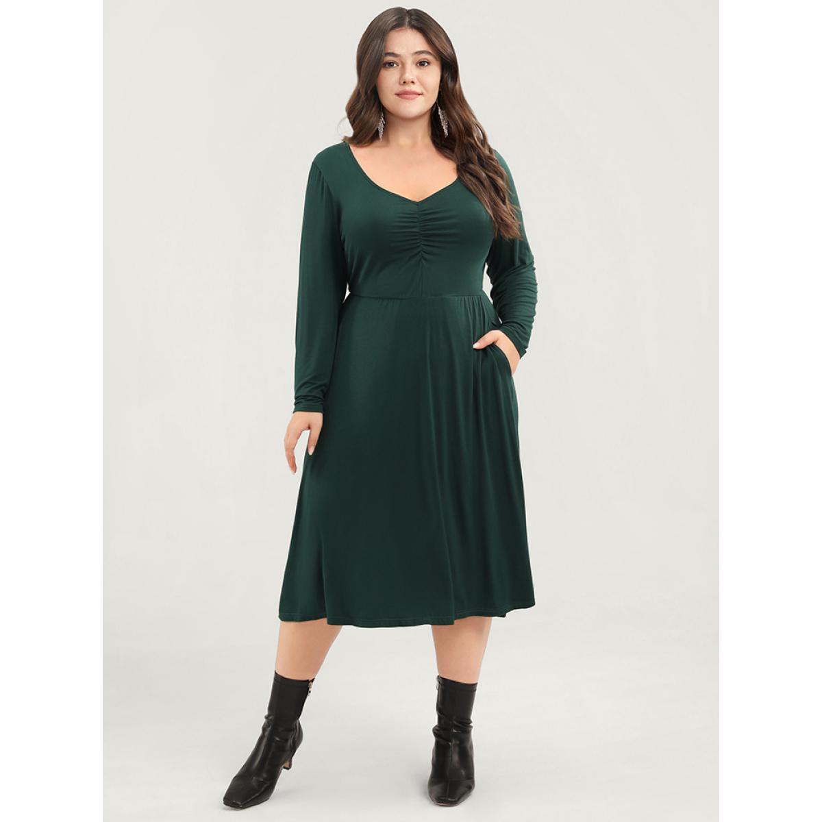 Plus Size Solid Pocket Gathered V Neck Midi Dress Without Belt ArmyGreen Women Elegant Gathered V-neck Long Sleeve Curvy Midi Dress BloomChic 22-24/3X Product Image