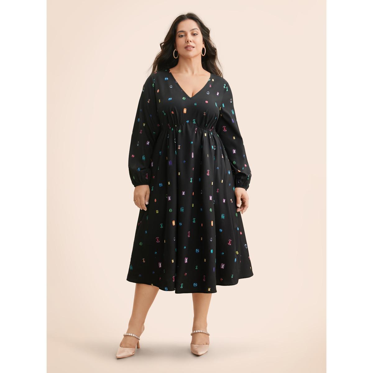 Plus Size Color Diamond Print V Neck Dress Black Women Cocktail Non Party Curvy Bloomchic 26/4X Product Image