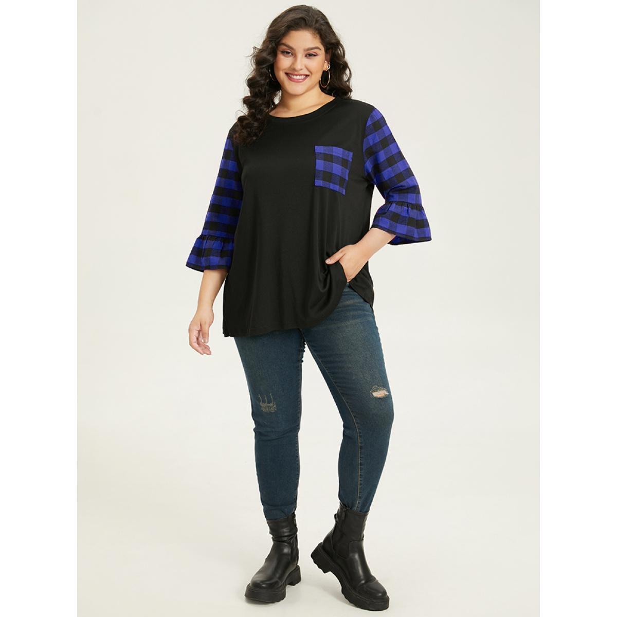 Plus Size Plaid Patched Pocket Patchwork Contrast Bell Sleeve T-shirt Blue Women Casual Contrast Plaid Round Neck Dailywear T-shirts BloomChic 14-16/1X Product Image