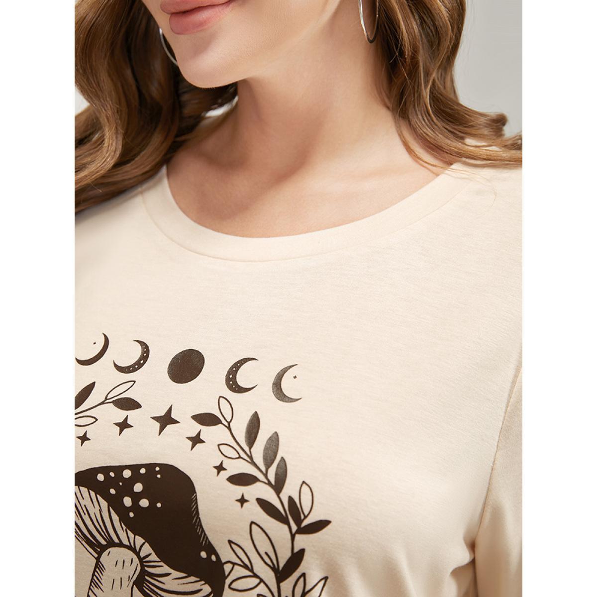 Plus Size Mushroom & Moon Print Short Sleeve Crew Neck T-shirt Apricot Women Casual Natural Flowers Dailywear T-shirts BloomChic 18-20/2X Product Image