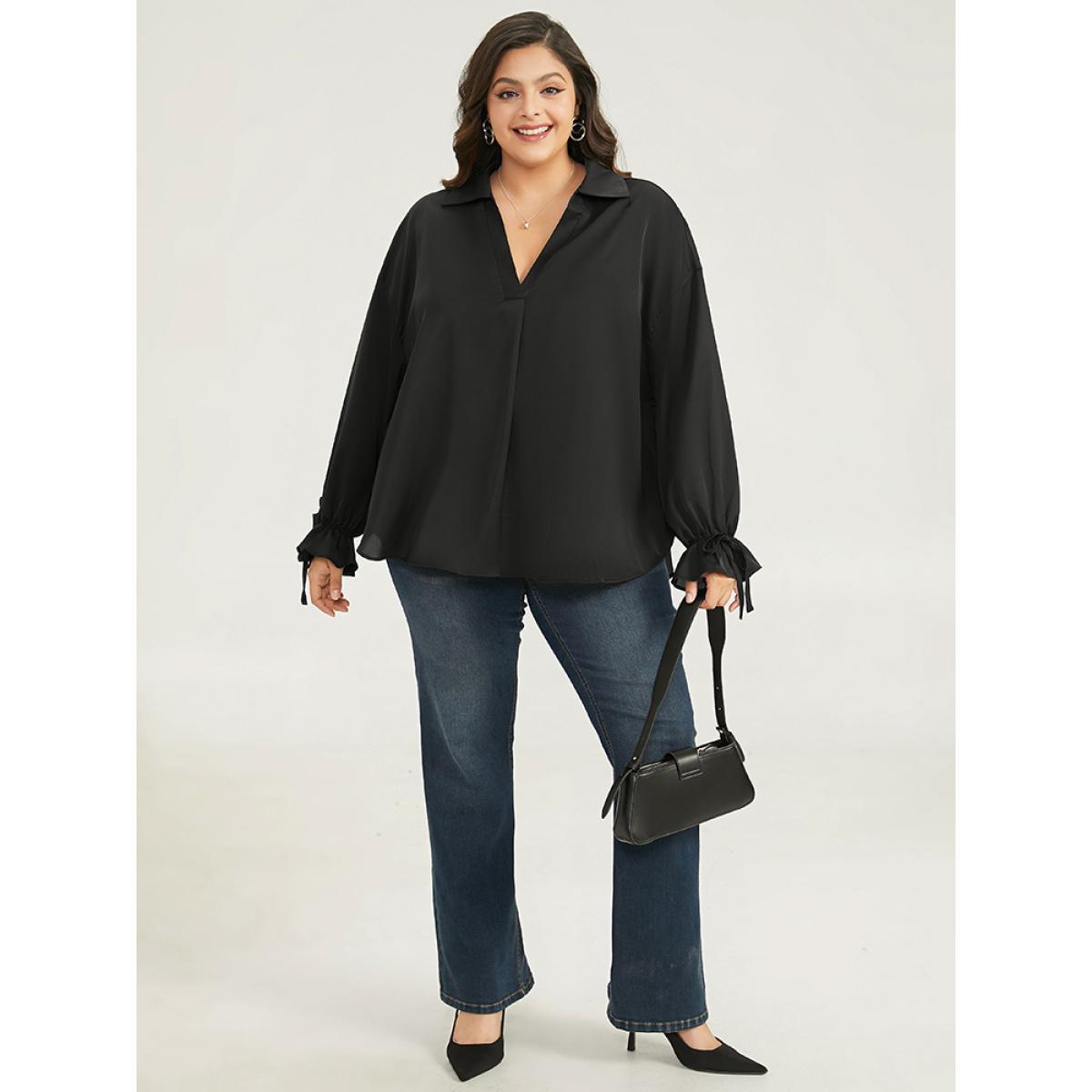 Plus Size Black Knot Pleated Lantern Sleeve Blouse Women Office Long Sleeve Shirt collar Work Blouses BloomChic 10/M Product Image