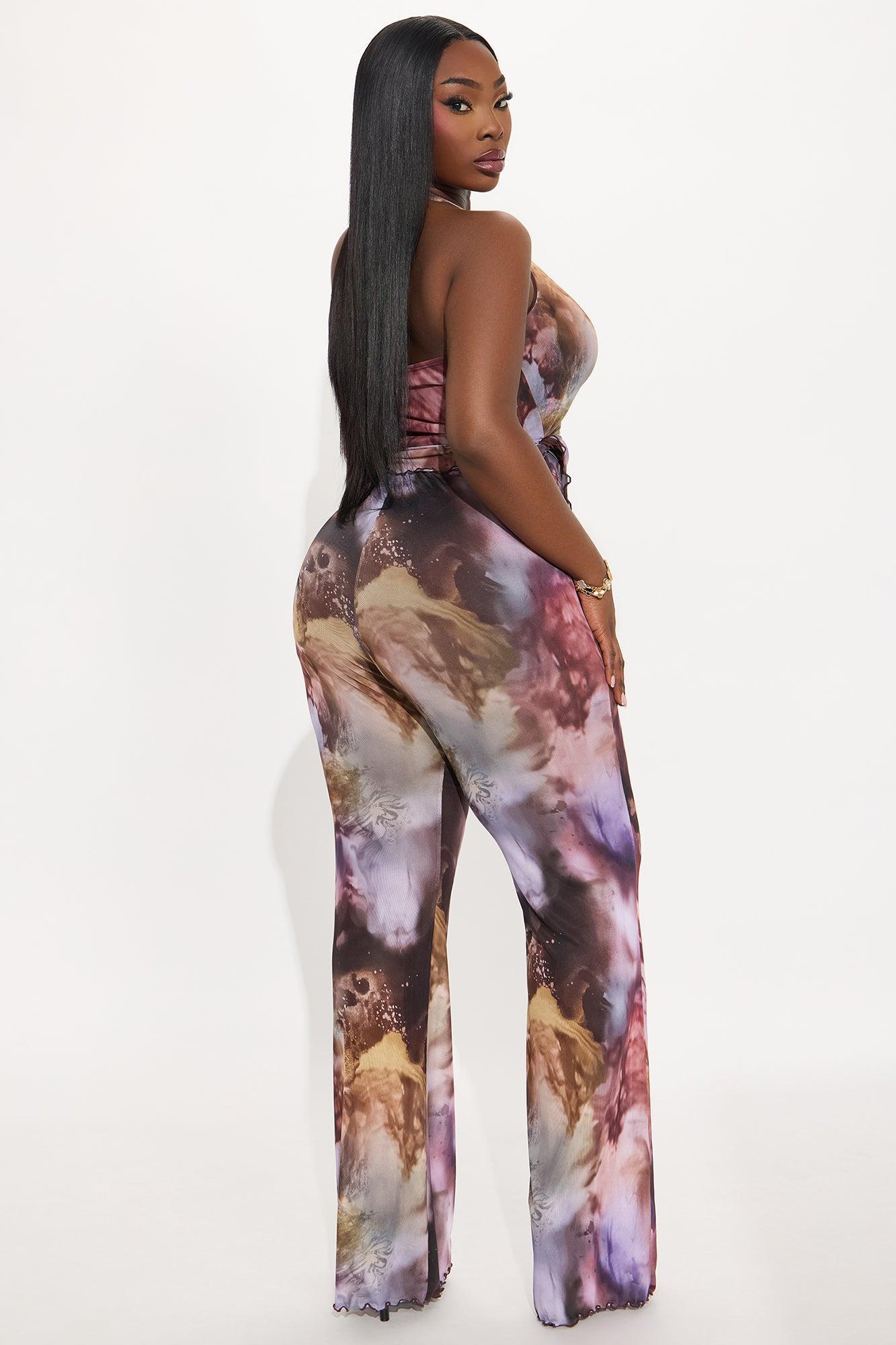 After Dark Mesh Flare Leg Jumpsuit - Plum/Multi Product Image