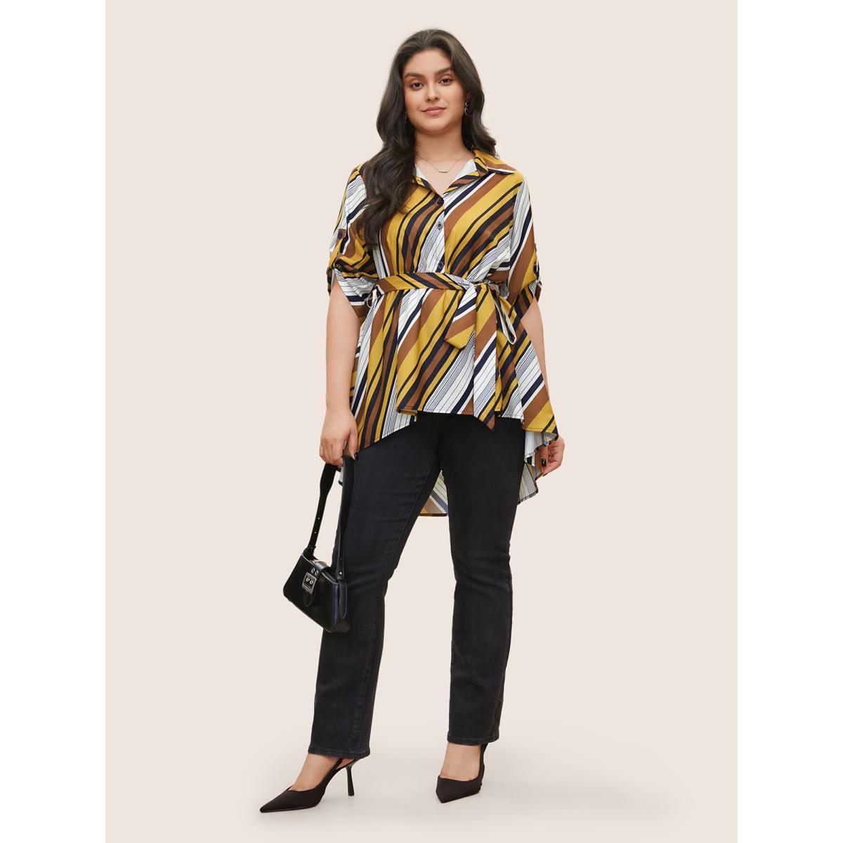 Plus Size Bronze Color Striped Ties High Low Hem Blouse Women At the Office Elbow-length sleeve Shirt collar Work Blouses BloomChic 22-24/3X Product Image