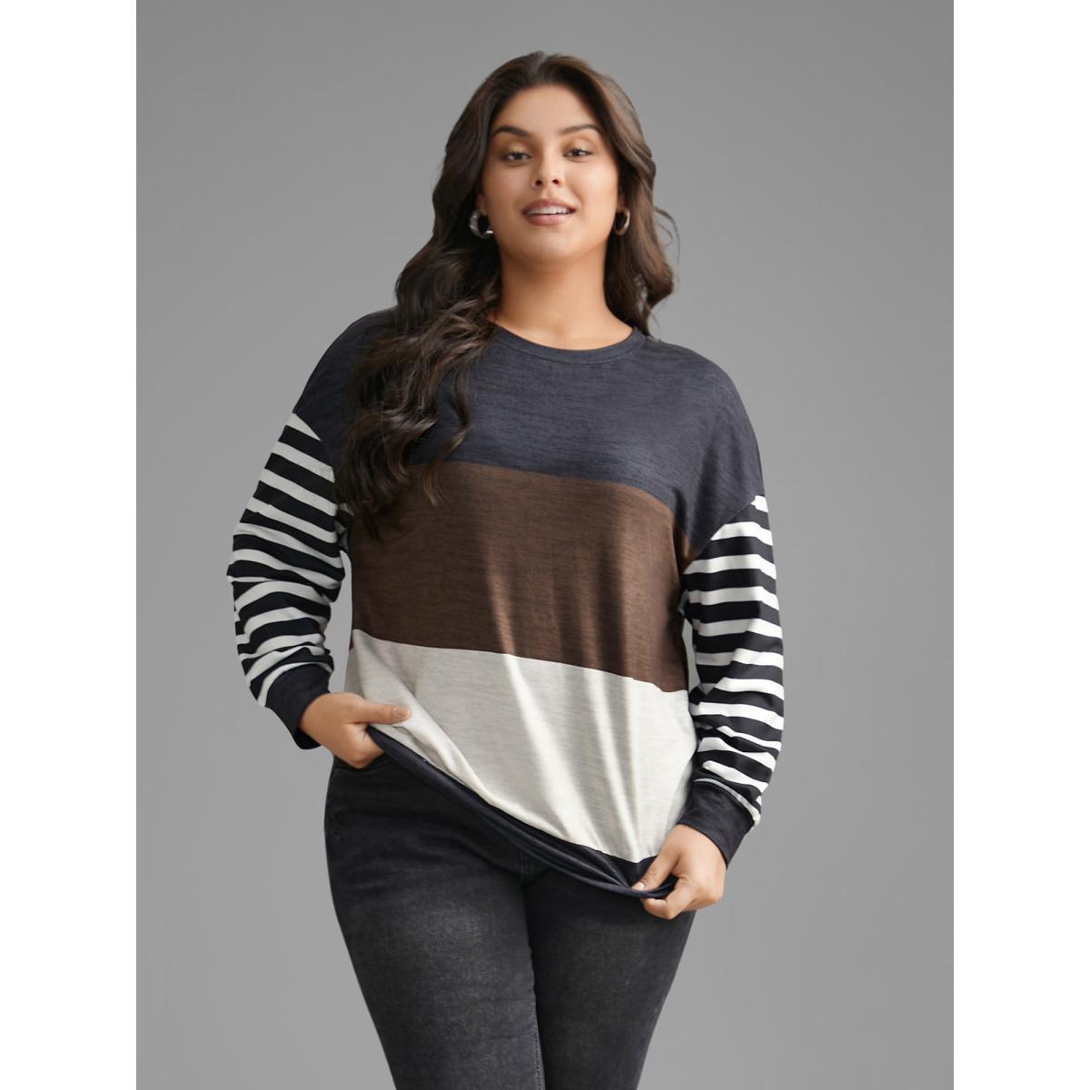 Plus Size Round Neck Striped Patchwork Contrast Sweatshirt Women Multicolor Casual Contrast Loose Round Neck Everyday Sweatshirts BloomChic 10/M Product Image