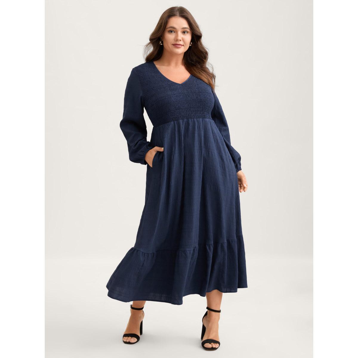 Plus Size Solid Shirred Plisse Flutter Hem Dress DarkBlue Women Elegant Elastic cuffs V-neck Long Sleeve Curvy Midi Dress BloomChic 12/L Product Image