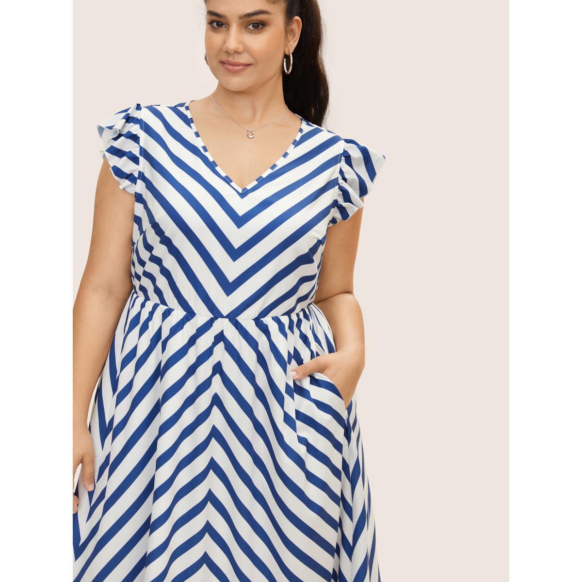 Plus Size Striped Elastic Waist Ruffle Cap Sleeve Dress DarkBlue Women Casual Ruffles V-neck Cap Sleeve Curvy BloomChic 12/L Product Image
