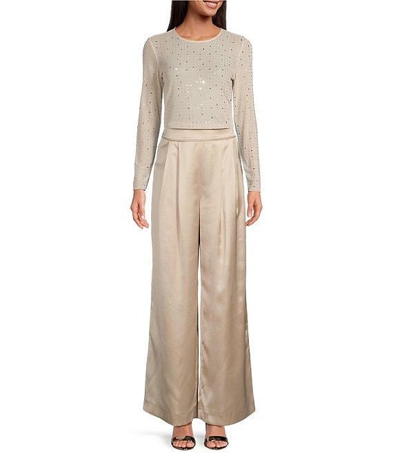 Gianni Bini Junie Rhinestone Mesh Crew Neck Long Sleeve Crop Top Product Image