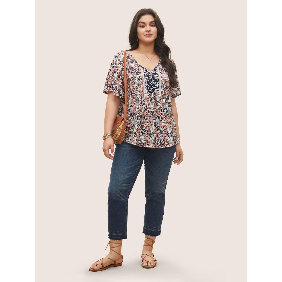Plus Size Indigo Boho Print Button Detail Ties Blouse Women Resort Short sleeve V-neck Vacation Blouses BloomChic 14-16/1X Product Image