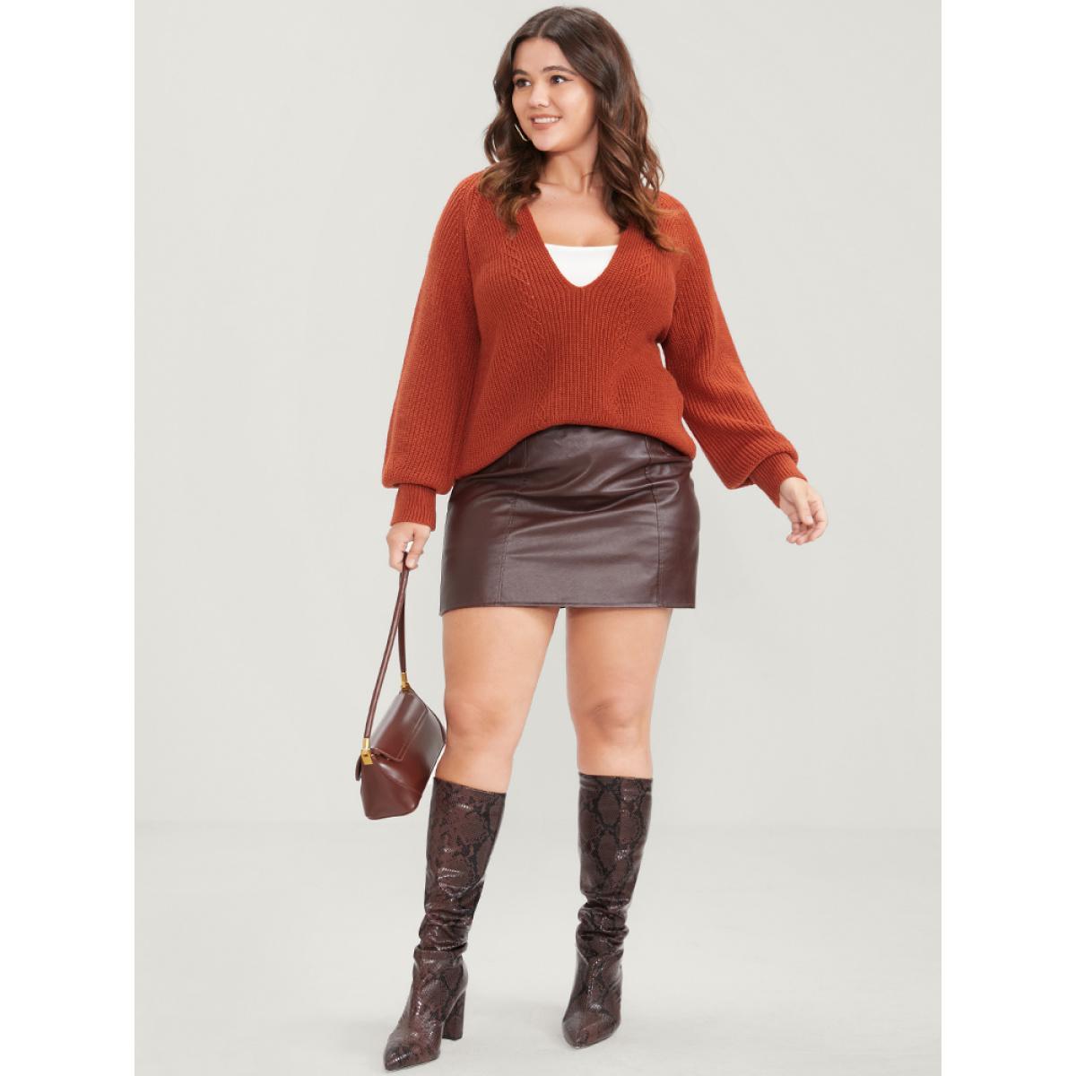 Plus Size Solid Pointelle Knit Deep V Neck Knit Top Coral Women Casual Long Sleeve Deep V-neck Dailywear Pullovers BloomChic 26/4X Product Image