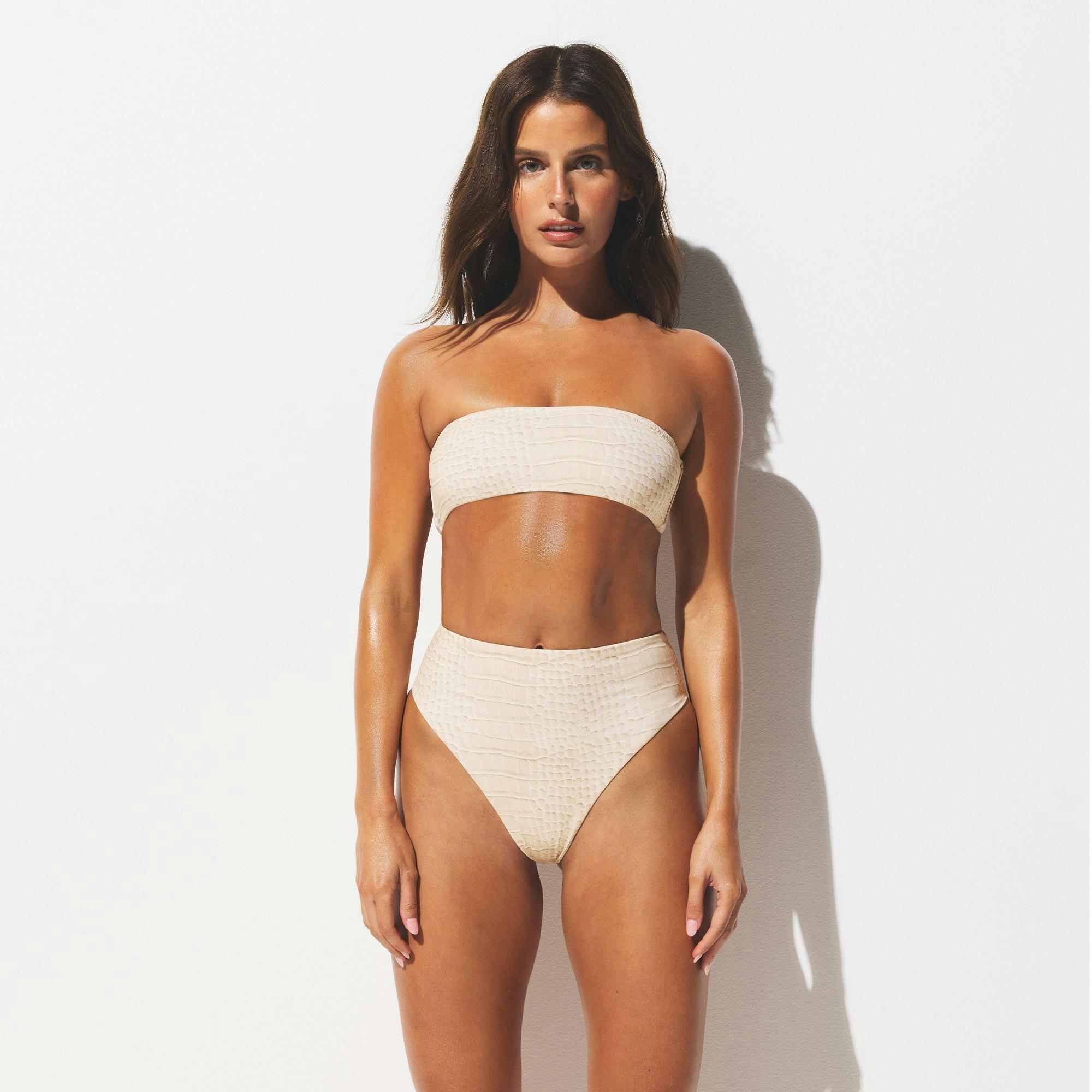 SIGNATURE SWIM HIGH-WAISTED BIKINI BOTTOM | EGRET CROCODILE PRINT Product Image