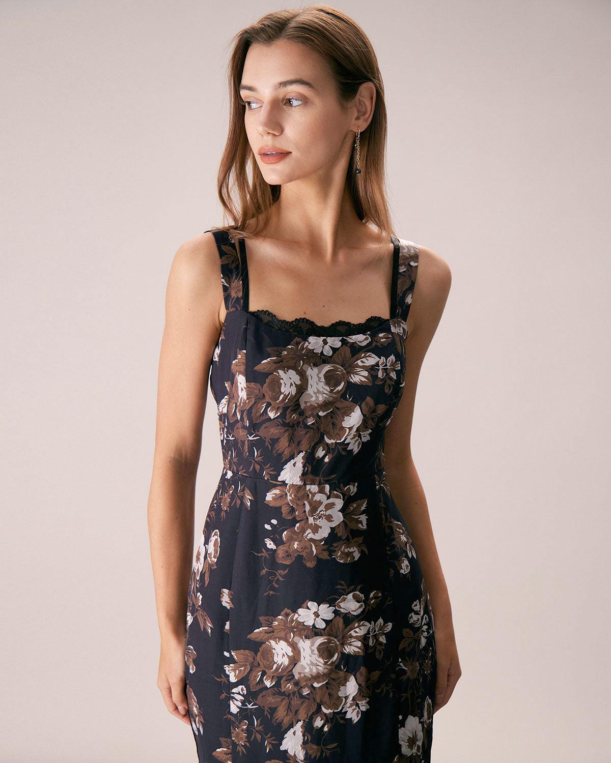 The Black Lace Trim Floral Mermaid Maxi Dress Product Image