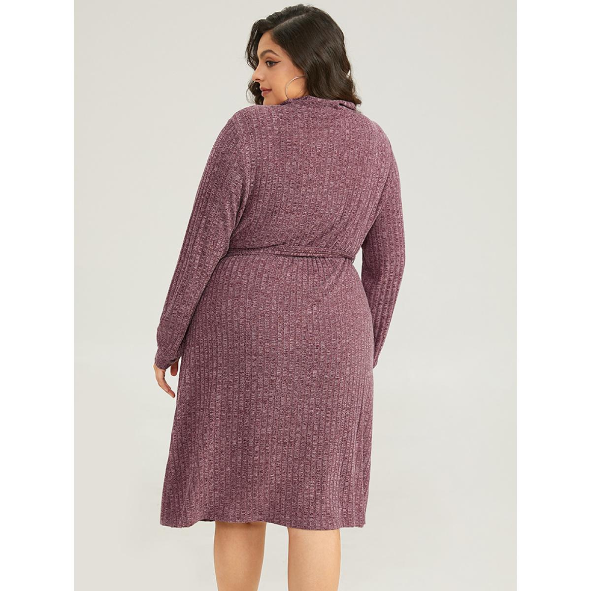 Plus Size Solid Belted Rib Knit Half Zipper Dress Scarlet Women Casual Texture Lapel Collar Long Sleeve Curvy Midi Dress BloomChic 28/5X Product Image
