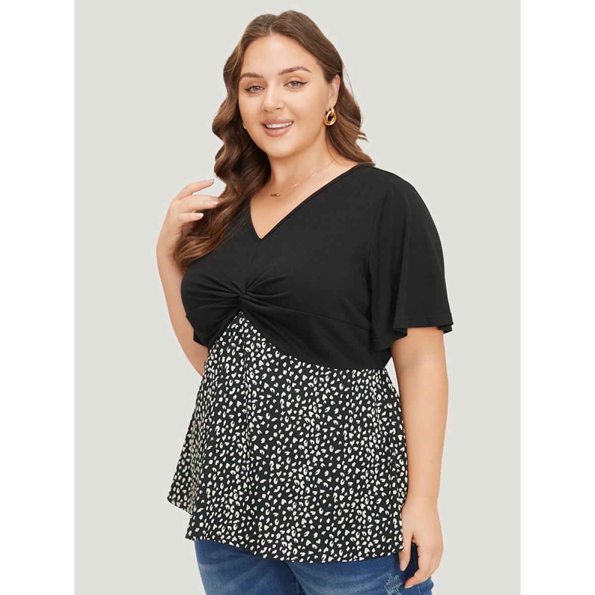 Plus Size Black Leopard Patchwork Twist Ruffle Sleeve Blouse Women Elegant Short sleeve V-neck Dailywear Blouses BloomChic 12/L Product Image