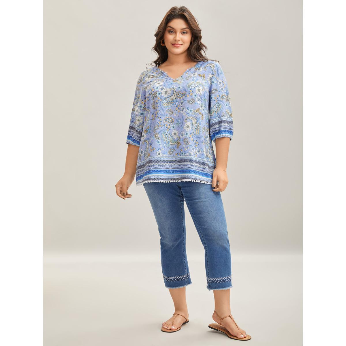 Plus Size Lavender Paisley Print Lantern Sleeve Flowy Blouse Women Elbow-length sleeve Notched collar Vacation Blouses BloomChic 26/4X Product Image