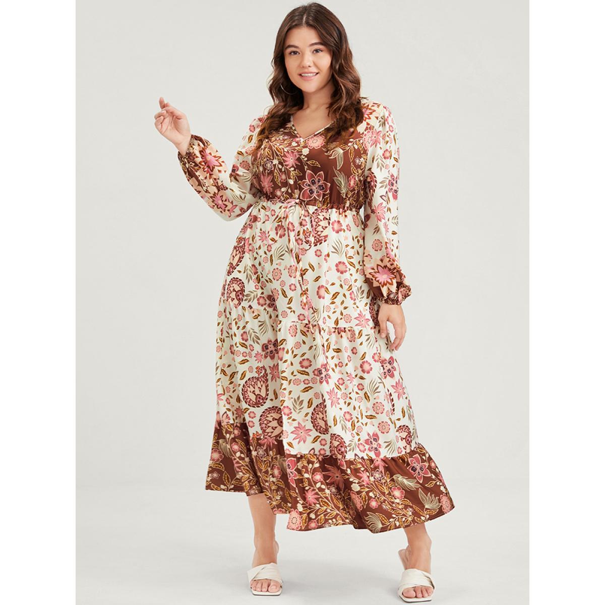 Plus Size Floral Lantern Sleeve Pocket Split Tie Flutter Midi Dress WhiteSmoke Women Vacation Gathered V-neck Long Sleeve Curvy Midi Dress BloomChic 12/L Product Image