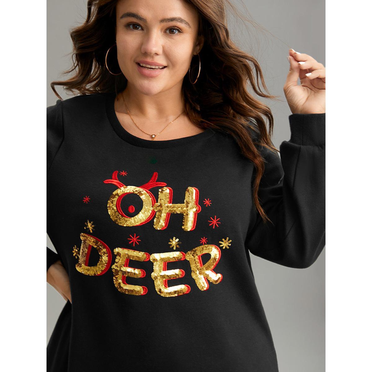 Plus Size Christmas Letter Print Sequin Embroidered Sweatshirt Women Black Casual Sequin Festival-Christmas Sweatshirts BloomChic 18-20/2X Product Image