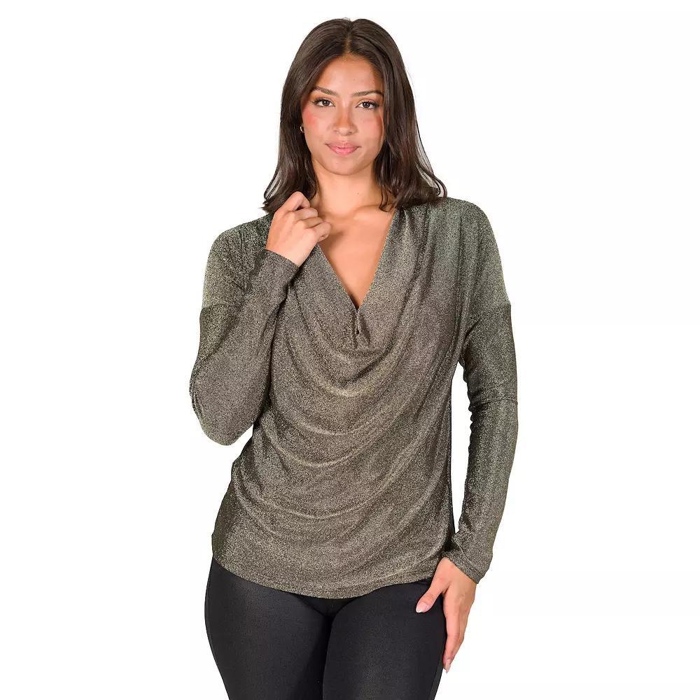 Women's 24Seven Comfort Apparel Cowlneck Shimmery Top, Size: Medium, Gold Product Image