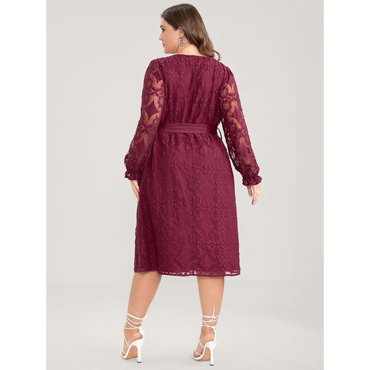 Plus Size Solid Square Neck Lantern Sleeve Belted Lace Dress Scarlet Women Glamour Belted Square Neck Long Sleeve Curvy Midi Dress BloomChic 12/L Product Image