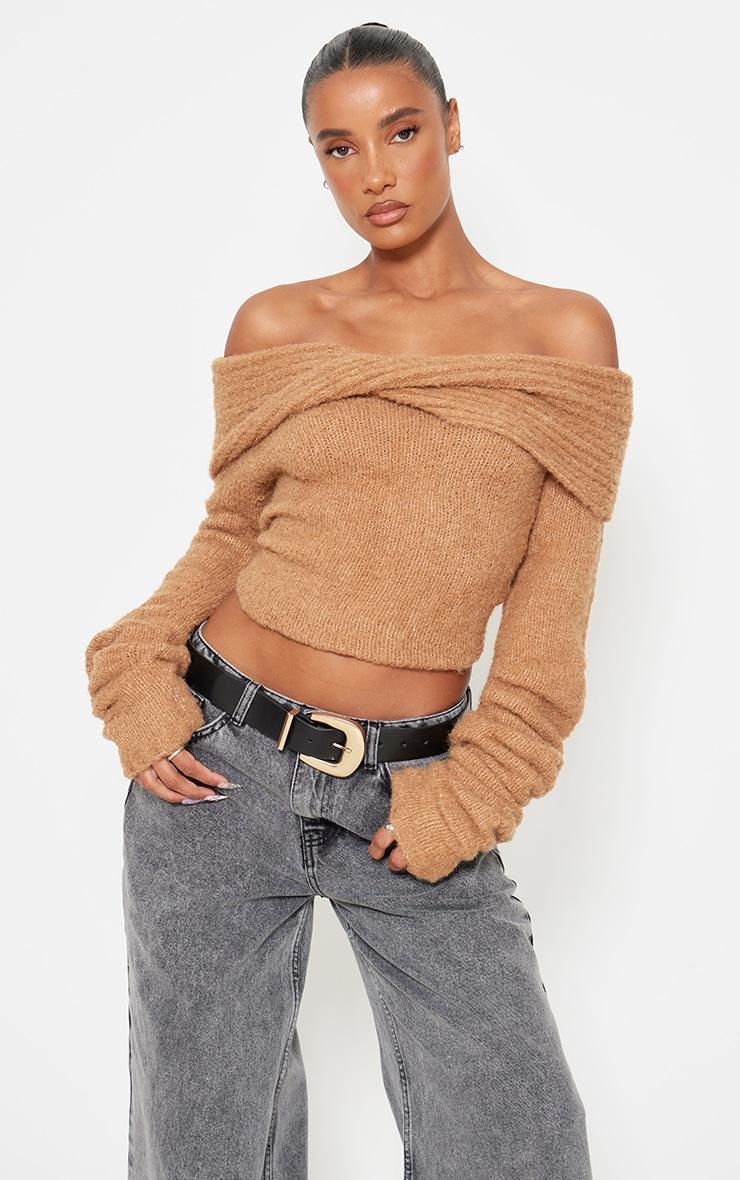 Mocha Soft Bobble Knit Bardot Foldover Top Product Image