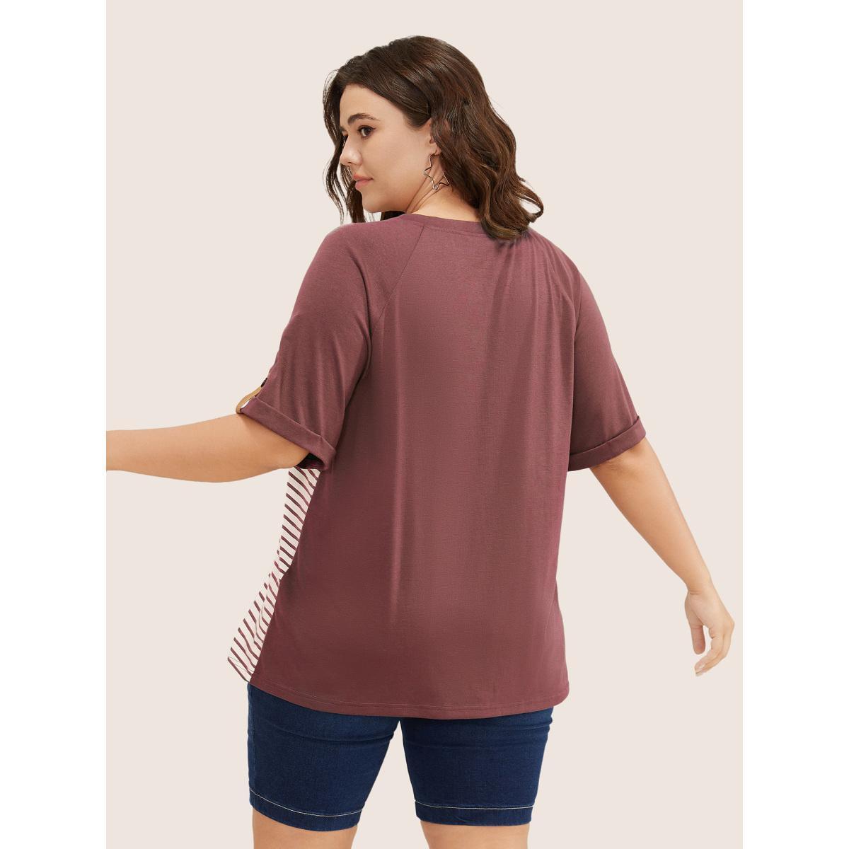 Plus Size Striped Contrast Patched Pocket Roll Raglan Sleeve T-shirt DustyPink Women Casual Contrast Striped Round Neck Everyday T-shirts BloomChic 26/4X Product Image