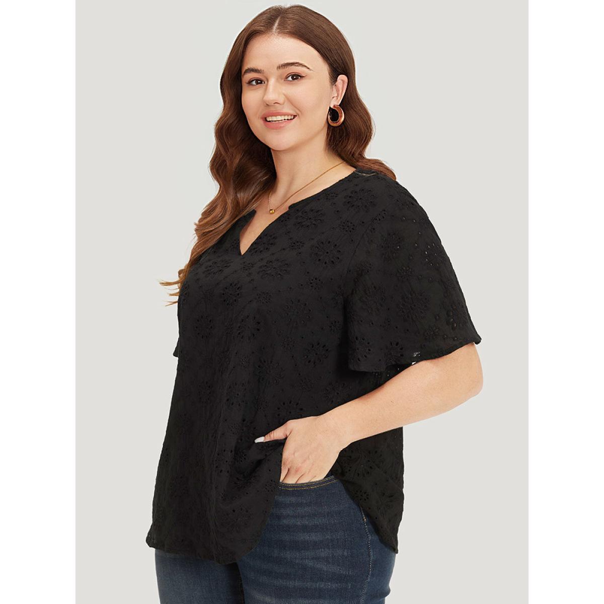 Plus Size Black Solid Broderie Anglaise Notched Ruffle Sleeve Blouse Women Vacation Short sleeve Notched collar Dailywear Blouses BloomChic 22-24/3X Product Image