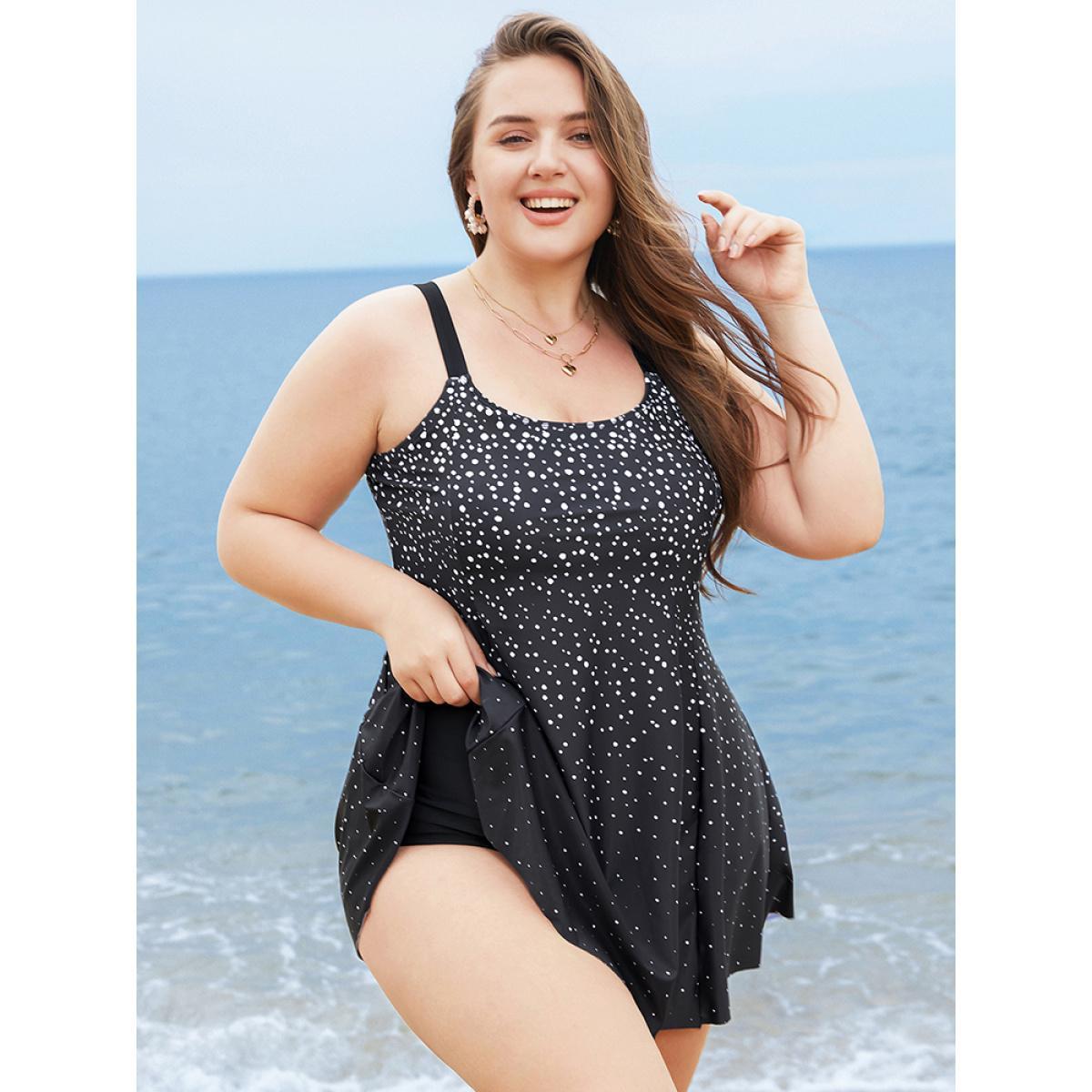 Plus Size Polka Dot Sculpt Waist A Line Swim Dress Women's Swimwear Black Vacation Bodycon High stretch Curve Swim Dresses BloomChic 30/6X Product Image