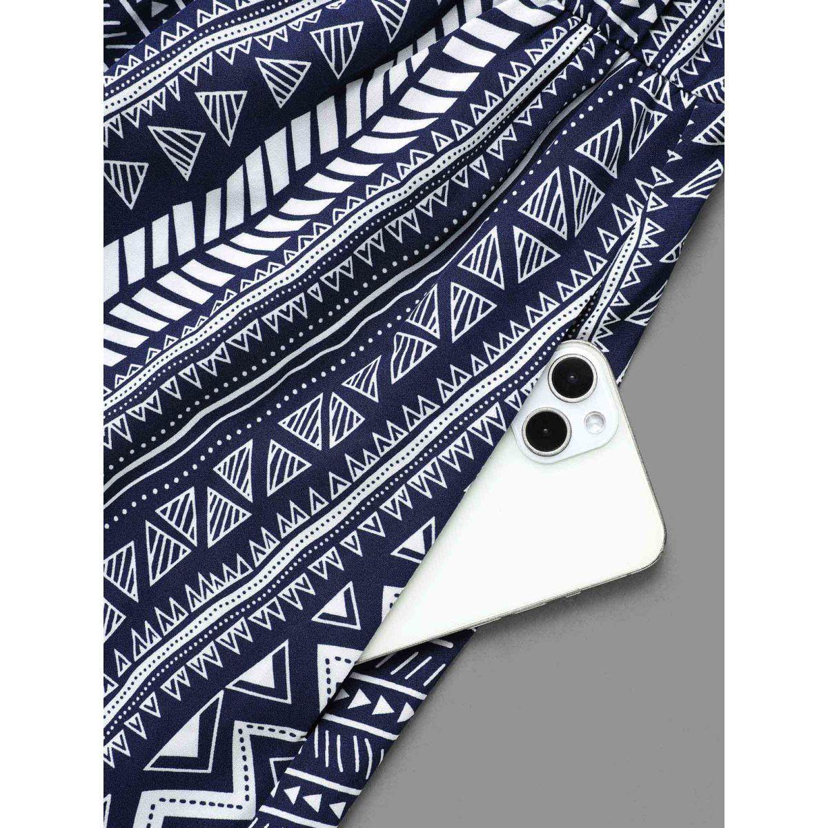 Plus Size Bandana Geometric Tassels Tie Knot Dress Indigo Women Resort Tie knot Flat collar with V-notch Long Sleeve Curvy BloomChic 28/5X Product Image