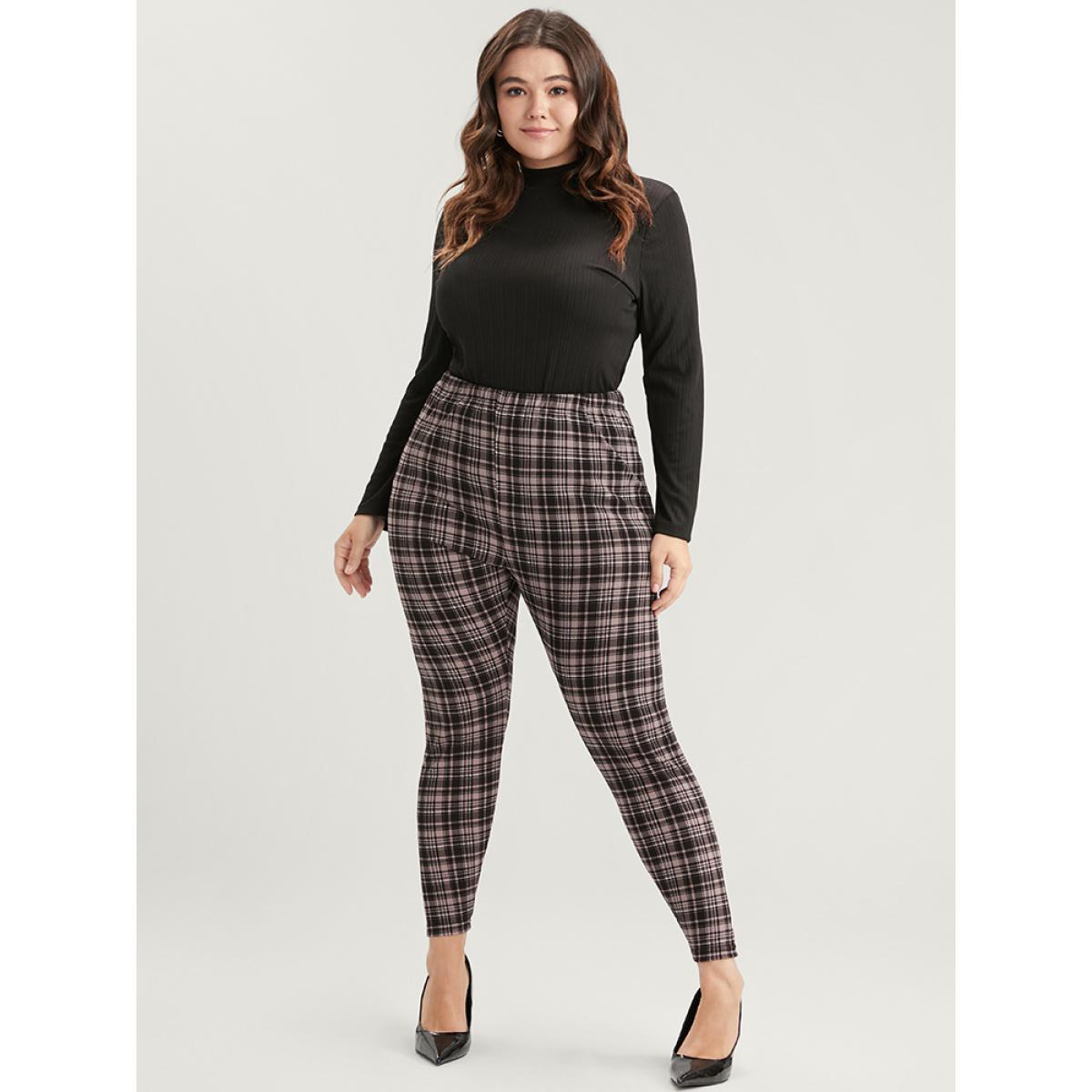 Plus Size Plaid Elastic Waist Skinny Pants Women LightBrown Elegant Skinny Mid Rise Dailywear Pants BloomChic 28/5X Product Image