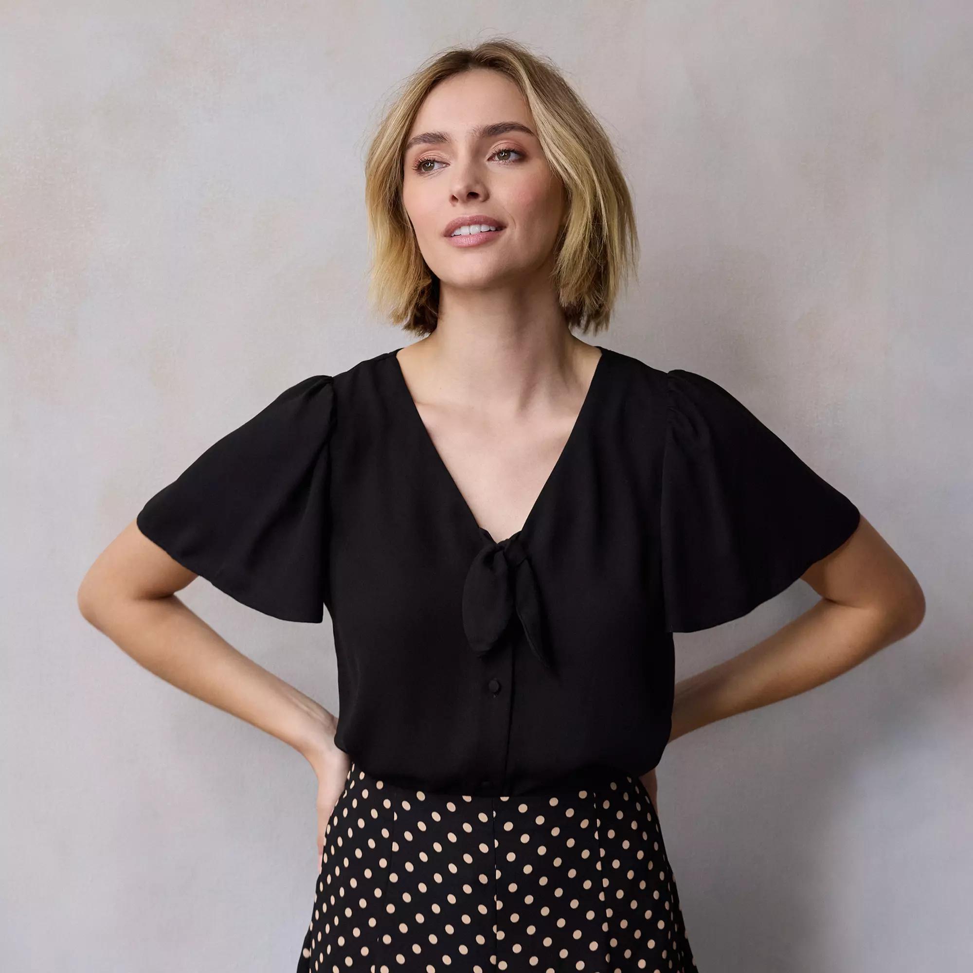 Petite LC Lauren Conrad Tie-Front Flutter Sleeve Top, Women's, Size: XS Petite, Black Product Image