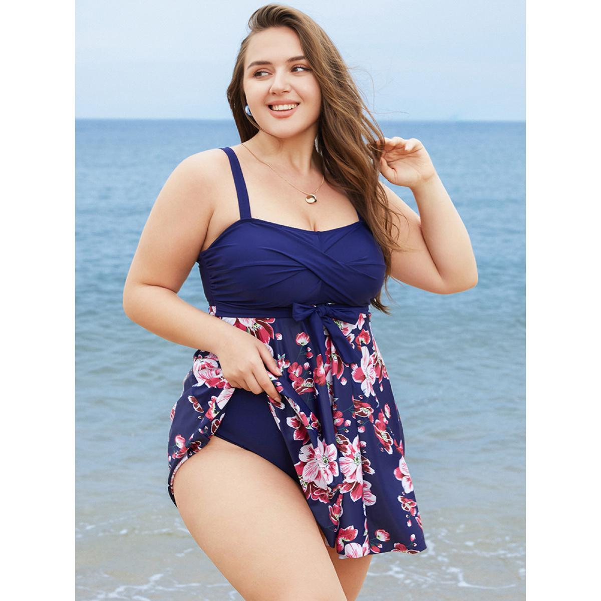 Plus Size Floral Print Knotted Twist Front A Line Swim Dress Women's Swimwear Indigo Vacation Bodycon High stretch Curve Swim Dresses BloomChic 28/5X Product Image
