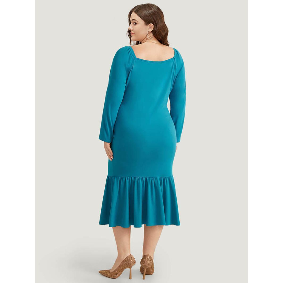 Plus Size Halloween Sequin Patchwork Mermaid Hem Dress Teal Women Glamour Gathered Square Neck Long Sleeve Curvy Midi Dress BloomChic 18-20/2X Product Image