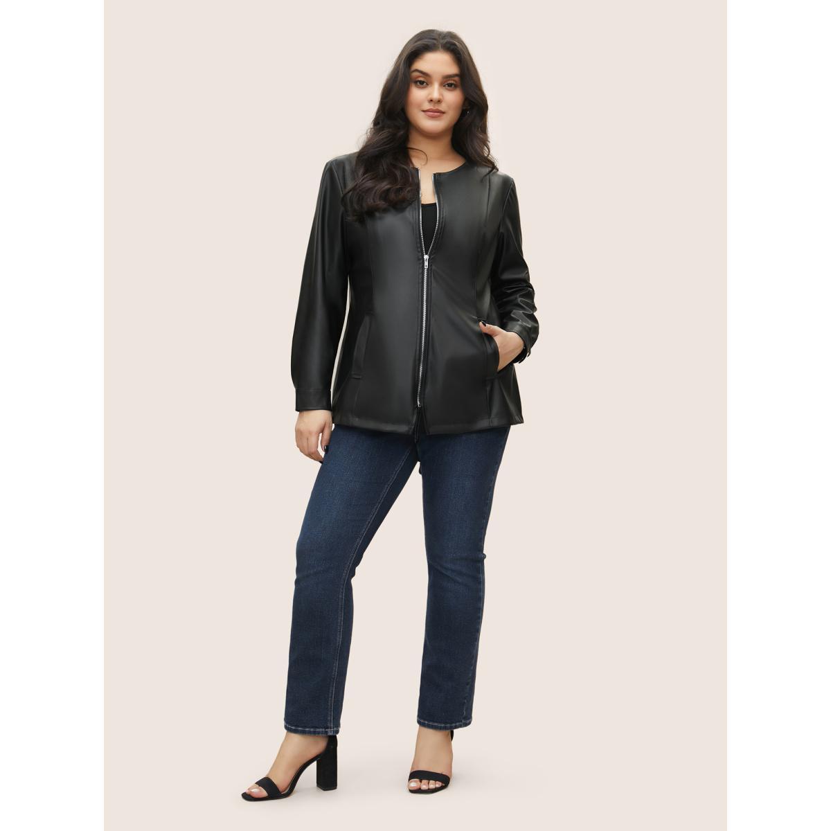 Plus Size PU Leather Pocket Zipper Jacket Women Black Non Side seam pocket Everyday Jackets BloomChic 30/6X Product Image