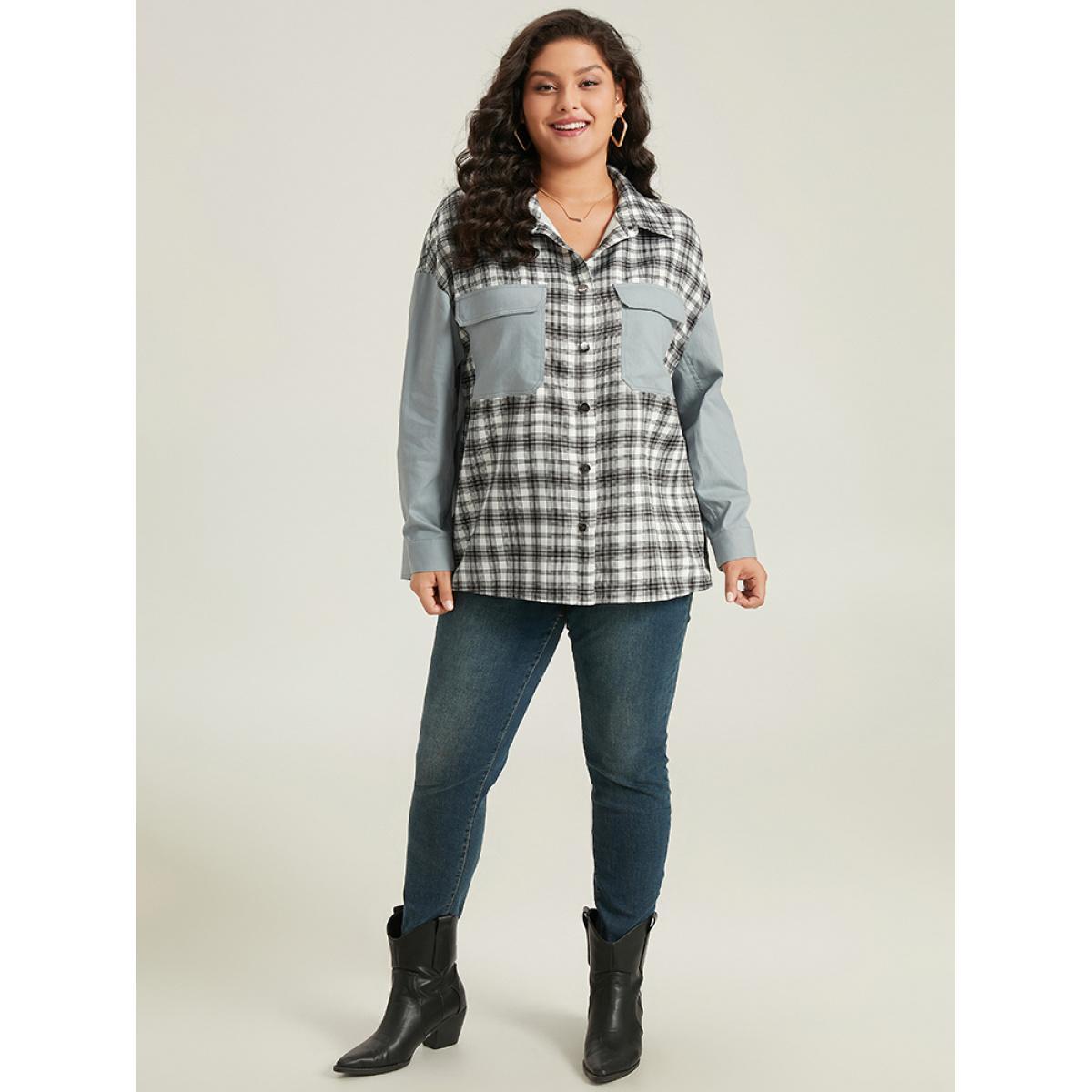 Plus Size Plaid Pocket Patchwork Contrast Coat Women LightBlue Casual Contrast Ladies Everyday Winter Coats BloomChic 12/L Product Image