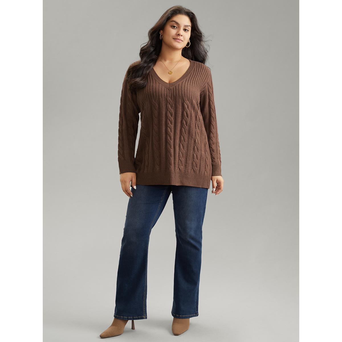 Plus Size Cable Knit Patchwork Plisse V Neck Pullover DarkBrown Women Casual Loose Long Sleeve V-neck Dailywear Pullovers BloomChic 26/4X Product Image
