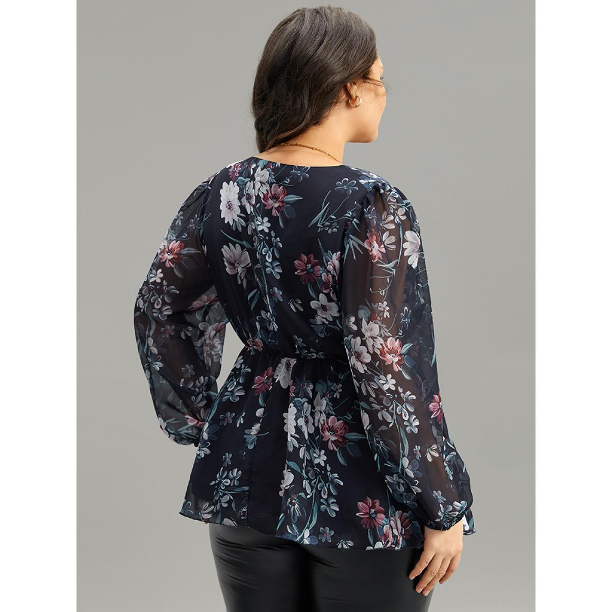 Plus Size Indigo Floral Print Elastic Waist Mesh Wrap Gathered Blouse Women Elegant Long Sleeve V-neck Dailywear Blouses BloomChic 14-16/1X Product Image