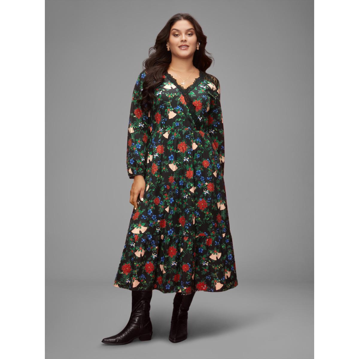 Plus Size Floral Lace Surplice Neckline Midi Dress Emerald Women Elegant Woven ribbon&lace trim Overlap Collar Long Sleeve Curvy BloomChic 26/4X Product Image