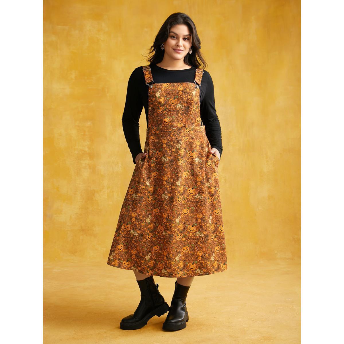 Plus Size Pumpkin Print Suspender Midi Dress Amber Women Casual Non Party Curvy Bloomchic 30/6X Product Image