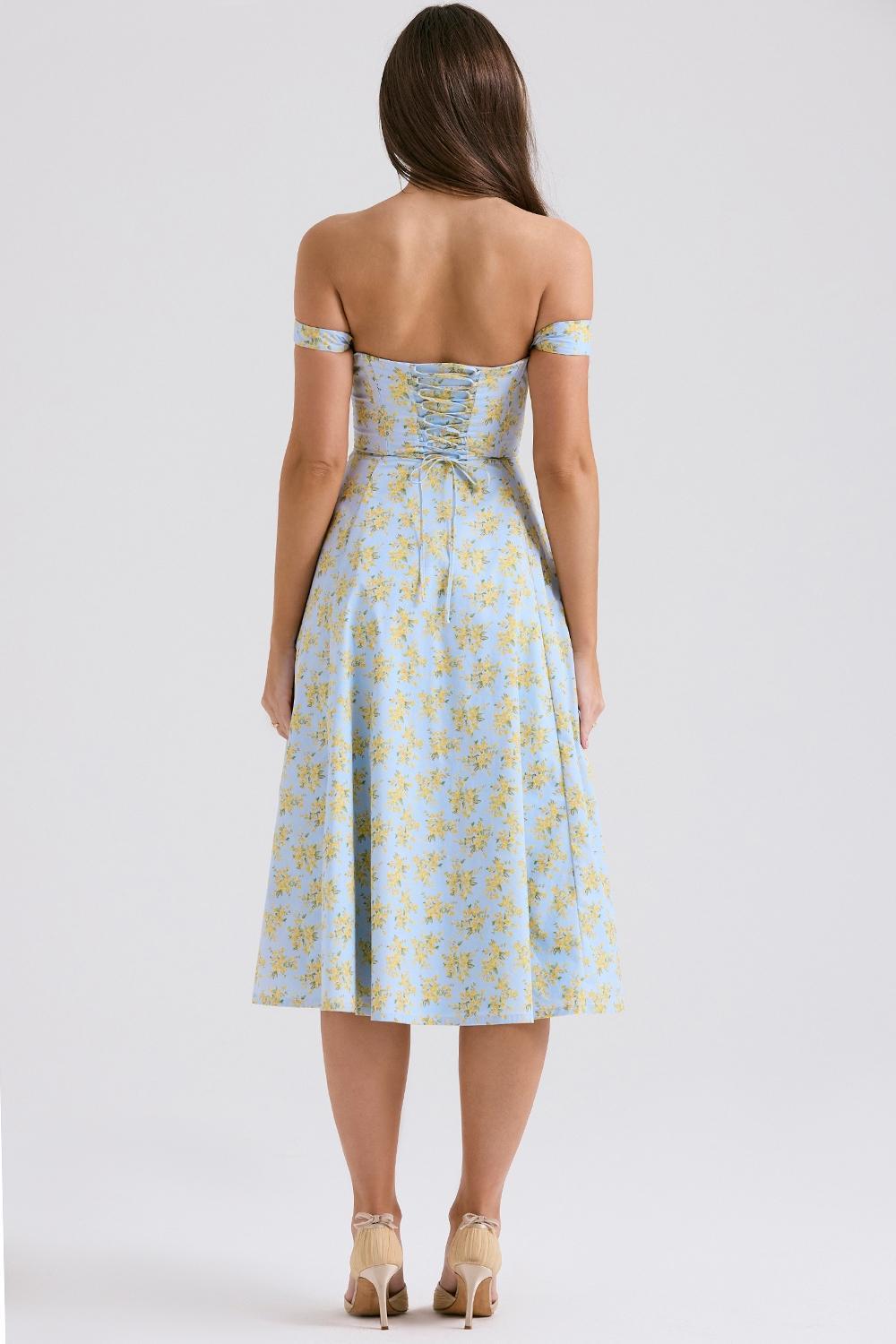Saira Soft Blue Vintage Floral Print Cotton Midi Sundress Product Image